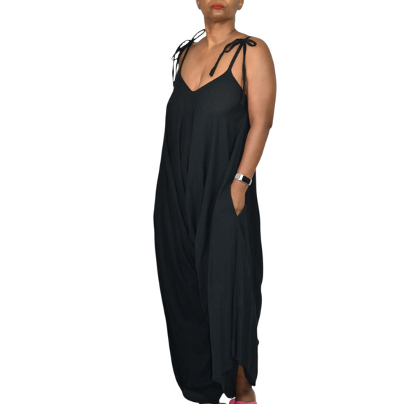 9Seed Bali Draped Jumpsuit Black Crinkle Gauze Harem Romper Drop Crotch One Size - Picture 3 of 14